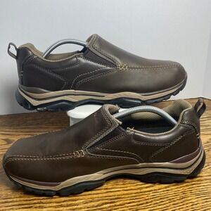 Skechers 65415 Relaxed Fit Mens 10.5 Dark Brown Leather Slip On Loafers Shoes